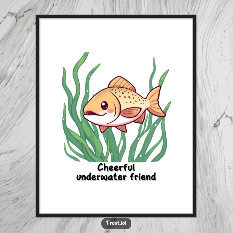 Funny digital art print of a cheerful kawaii trout with a wide grin, swimming playfully through detailed seaweed, capturing underwater joy.