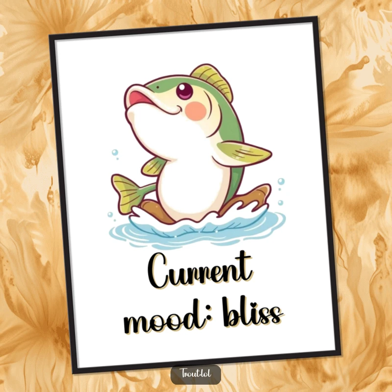 Funny trout digital art print of a gleeful trout giggling while floating down a gentle river current, ready for immediate download and printing.