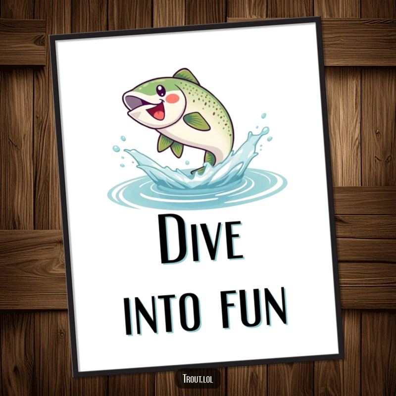 Funny digital art print of a trout leaping joyfully from a water splash, capturing motion, excitement, and aquatic artistry.
