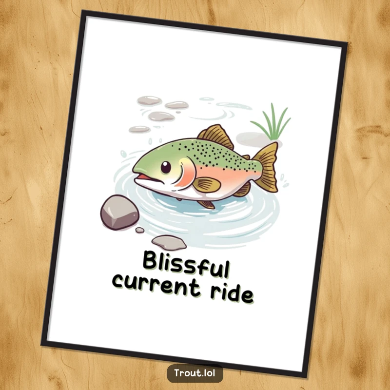 Funny digital art print of a trout with an expression of pure bliss, gracefully sliding down a gentle water current.