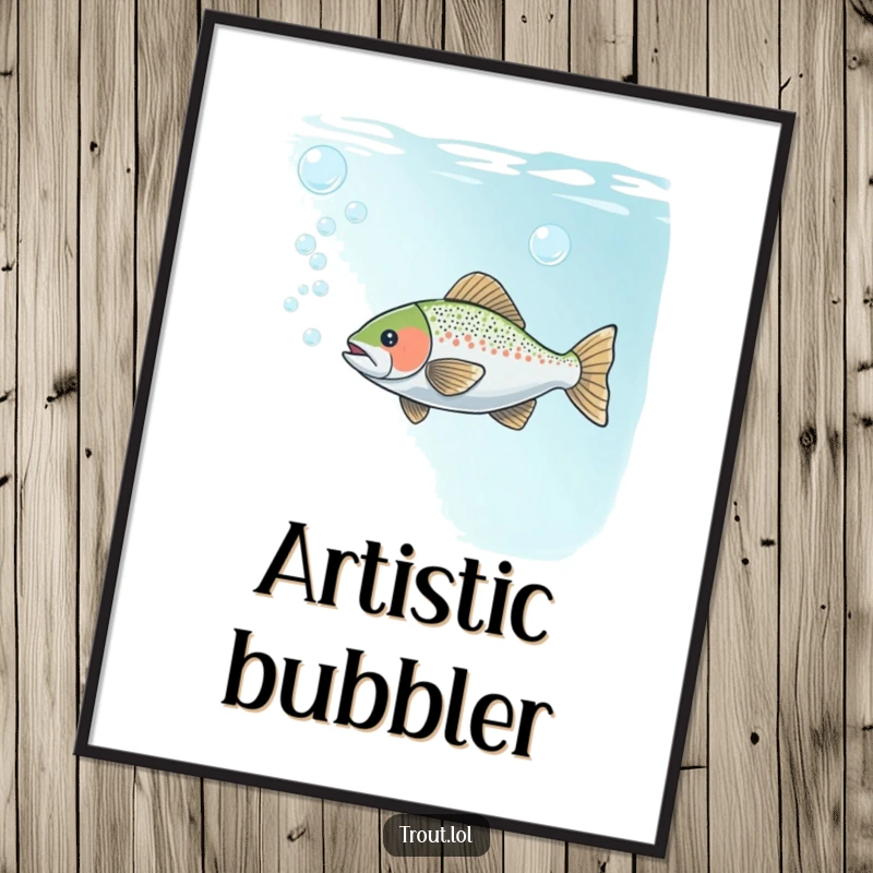 Funny digital art print of a trout playfully blowing bubbles underwater, capturing serene fun and aquatic artistry.