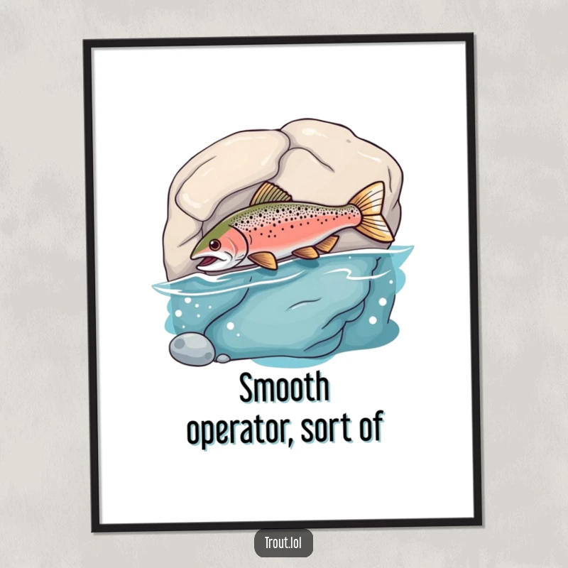 Funny Digital Art Print of a trout comically bumping into a rock, offering a downloadable dose of aquatic humor.