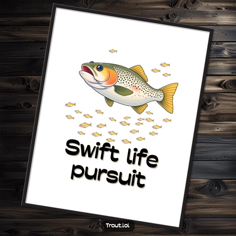 Funny digital art print of a trout playfully chasing a school of tiny shimmering fish, capturing dynamic fun and aquatic artistry.