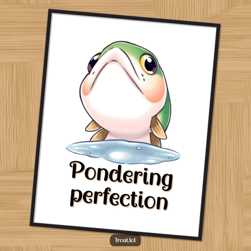 Funny digital art print of a trout with large, wide, curious eyes looking towards the water's surface, perfect for decor.