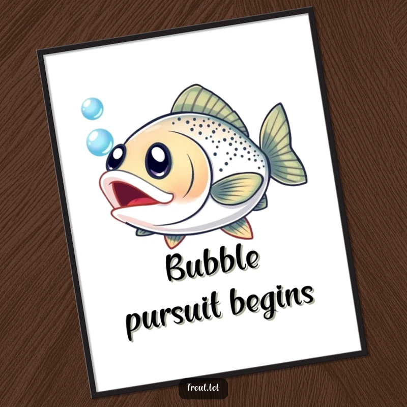 Funny digital art print of a trout with huge, excited eyes, enthusiastically chasing a shimmering bubble.