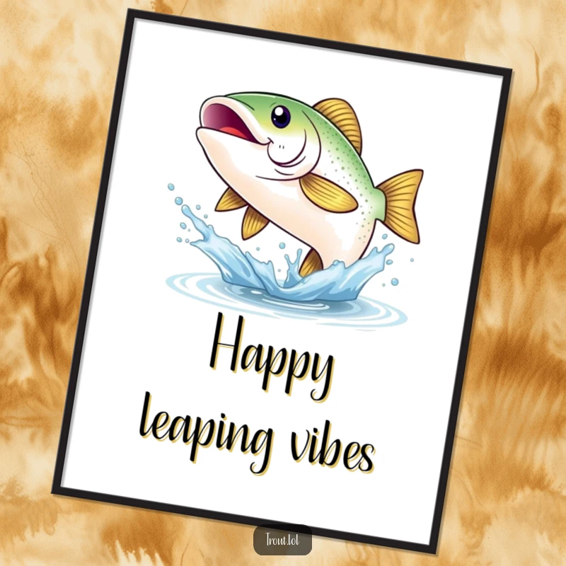 Funny digital art print of a shimmering trout with a wide smile, leaping joyfully from a splash, perfect for instant, cheerful wall decor.
