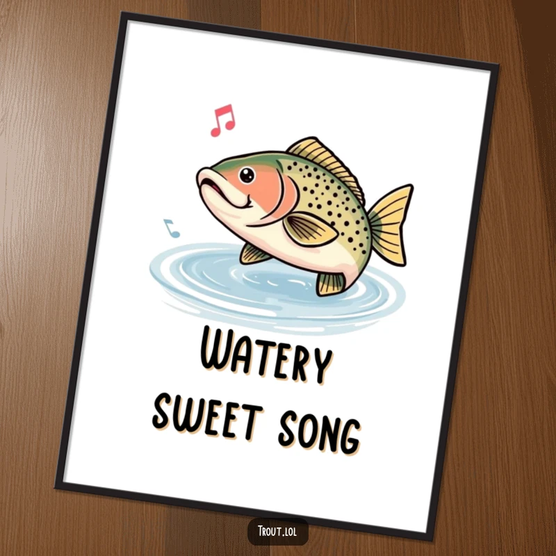 Funny digital art print of a trout humming a happy tune, surrounded by musical notes, creating a serene, artistic ambiance.