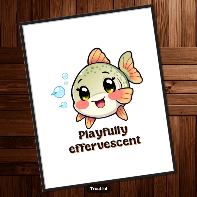 Funny Kawaii Trout Digital Art Print: A trout with excited eyes playfully blows bubbles, radiating aquatic fun and cheerful humor.