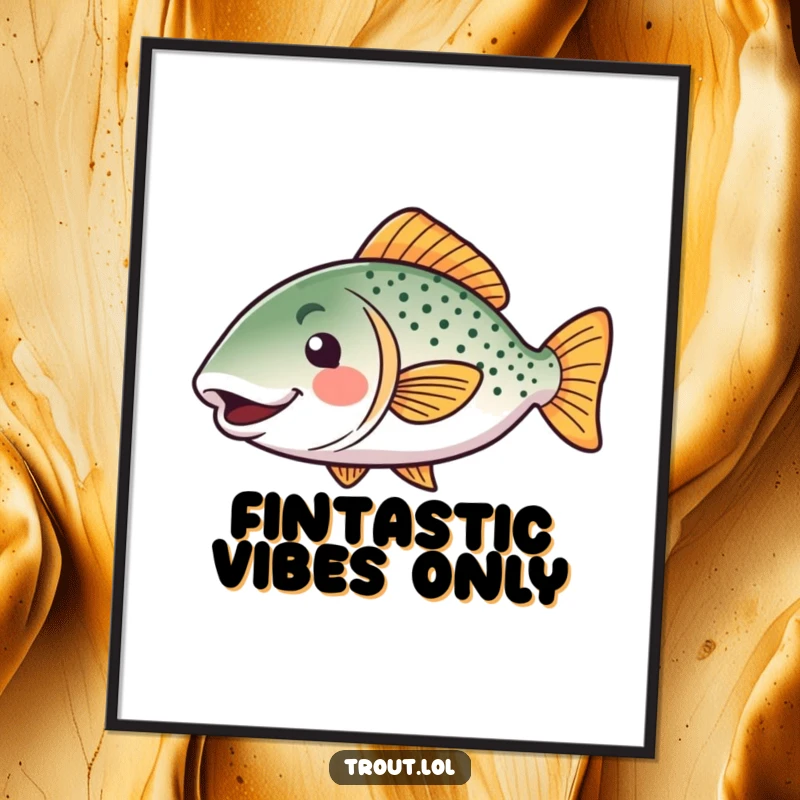 Funny kawaii trout digital art print of a happy fish mid-wiggle, easily printable for humorous decor and as a funny gift.