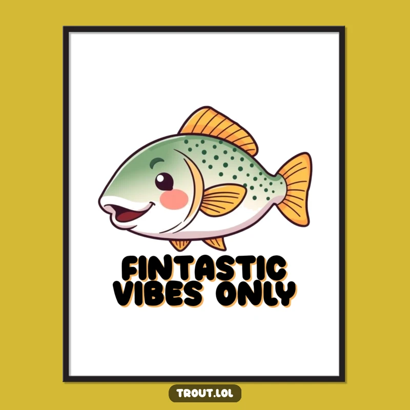 Funny Kawaii Trout Digital Art: Happy Wiggle Fish Print, Instant Funny Gift Download