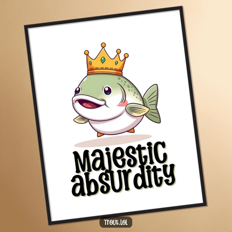 Funny digital art print of a smug trout wearing a tiny crown, ready to download.