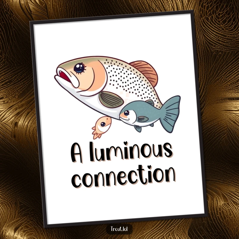 Funny digital art print of two trout sharing a glowing microorganism underwater, a heartwarming scene celebrating friendship and aquatic generosity.