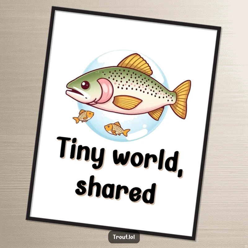 Funny digital art print of a trout sharing a tiny bubble with a smaller fish, a humorous and heartwarming piece for instant home decoration.