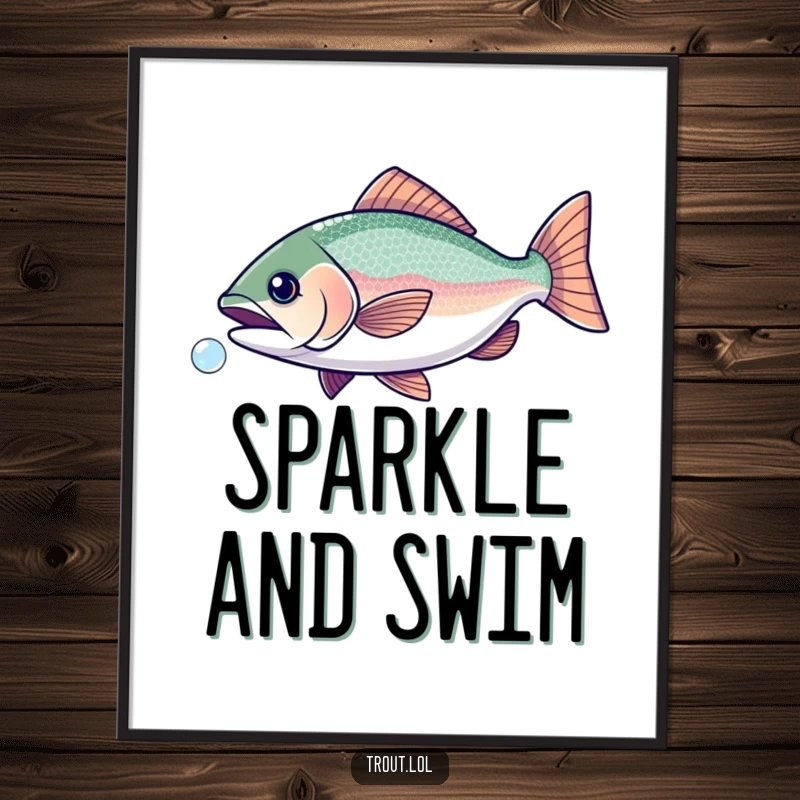 Funny digital art of a trout with radiant scales playfully chasing a tiny bubble, a burst of happiness.