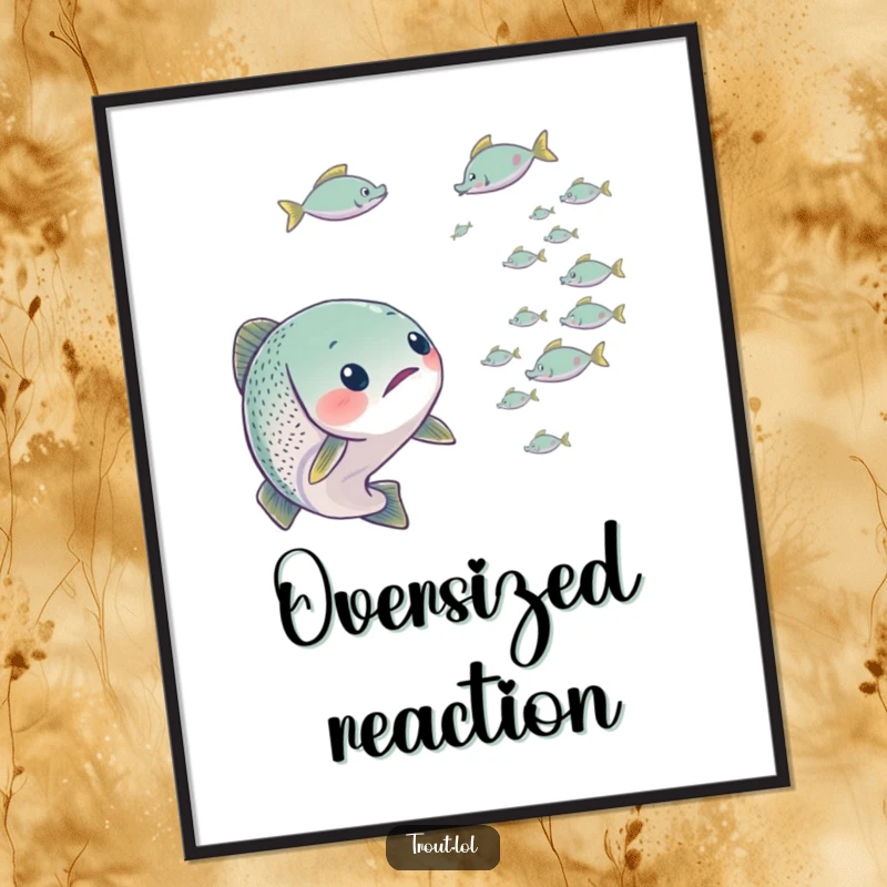 Funny digital art print of a trout looking surprised by a school of tiny fish, capturing a moment of relatable, humorous shock.