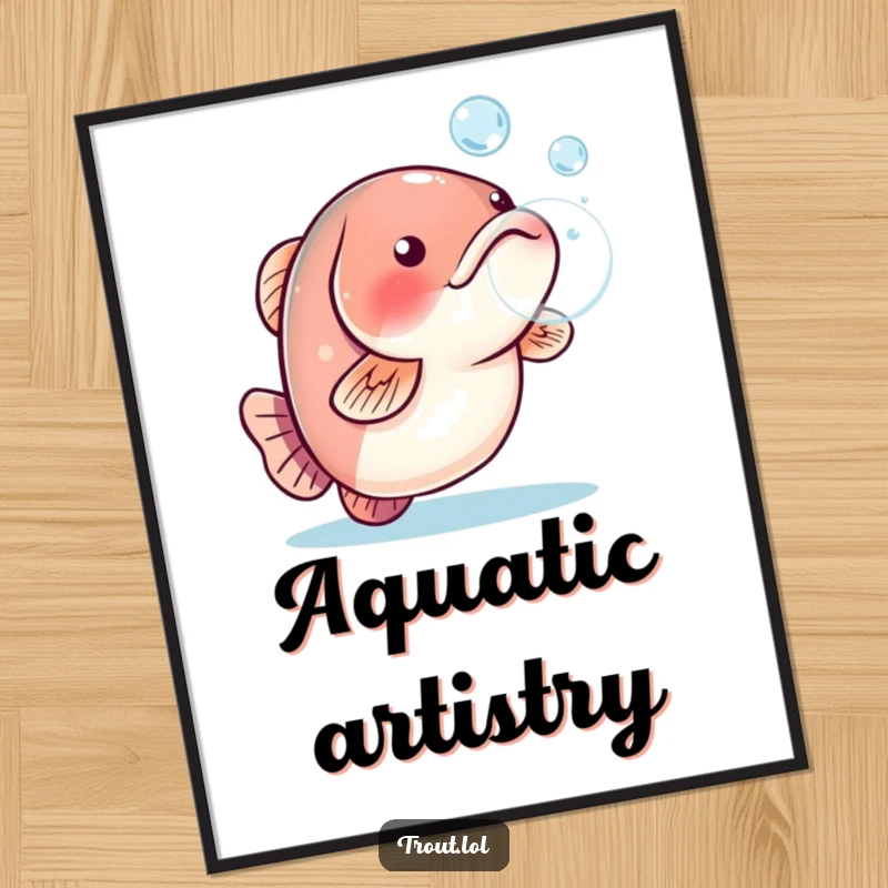 Funny digital art print of a playful trout blowing a water bubble, ready to download.