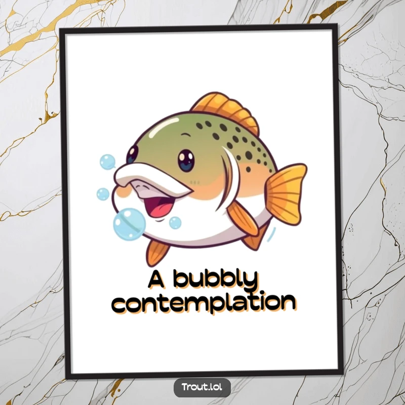 Funny digital art print of a trout making a hilarious face with bubbles, a comical and absurd piece of aquatic art for instant smiles.