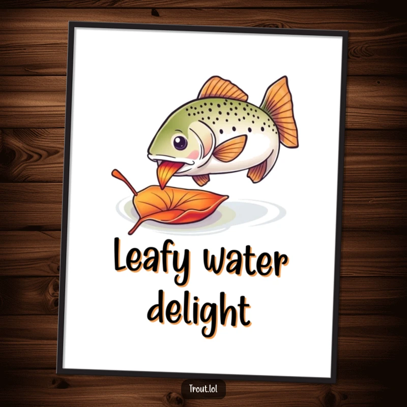 Funny trout leaf digital art print of an enthusiastic trout happily munching on a colorful drifting leaf.