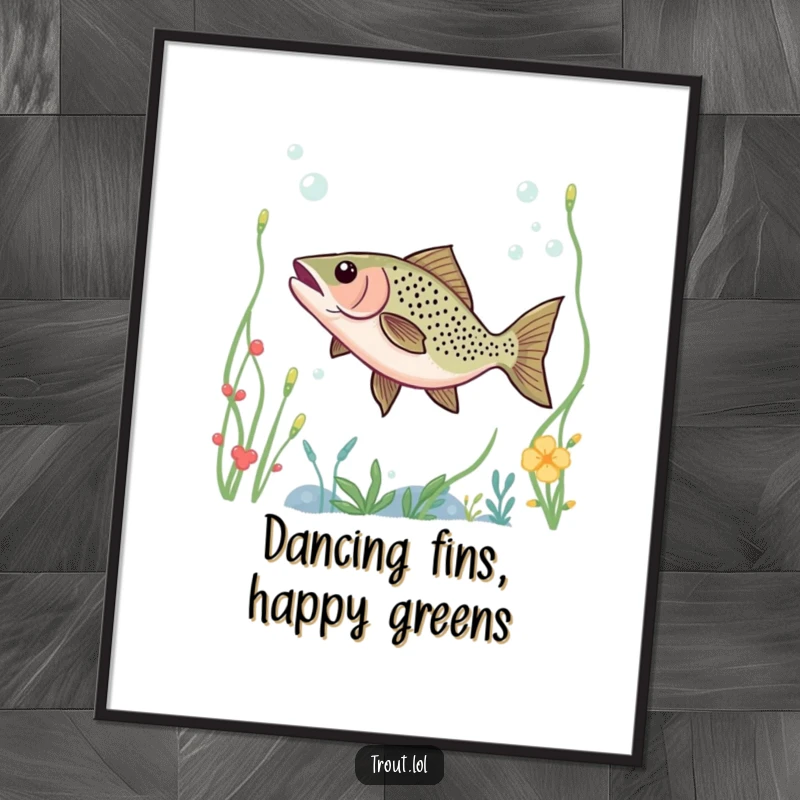 Funny digital art print of a trout dancing through underwater plants, perfect for adding a whimsical and humorous touch.