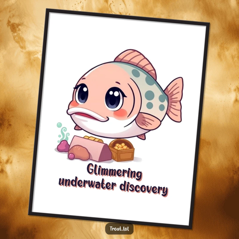 Funny digital art print of a kawaii trout with wide, curious eyes, gazing at a sparkling sunken treasure chest, capturing underwater wonder.