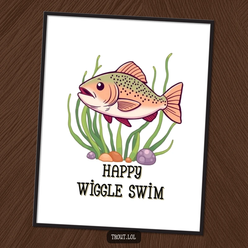 Funny digital art of a trout doing a happy wiggle as it swims past seaweed, a picture of pure delight.