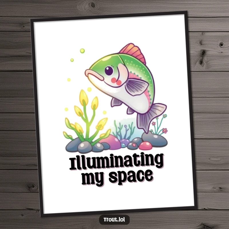 Funny Trout Digital Art Print: High-resolution funny artwork of a trout reaching for a glowing underwater plant, perfect for framing.