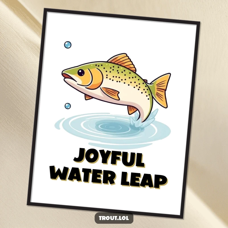 Funny digital art print of a small trout happily leaping from the water, symbolizing fishing excitement and freedom.
