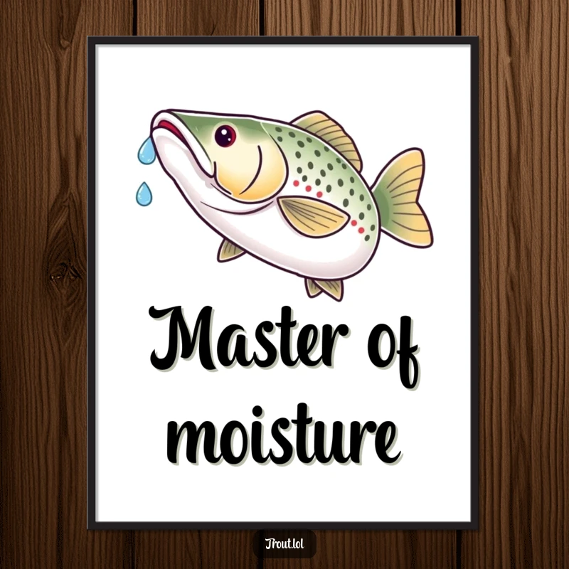 Funny digital art print of a trout with a look of smug satisfaction catching a single water droplet on its nose.