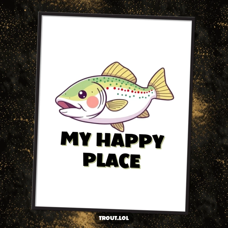 Funny Digital Art Print of a happy trout gliding joyfully, fins spread wide, offering a downloadable piece of aquatic cheer.