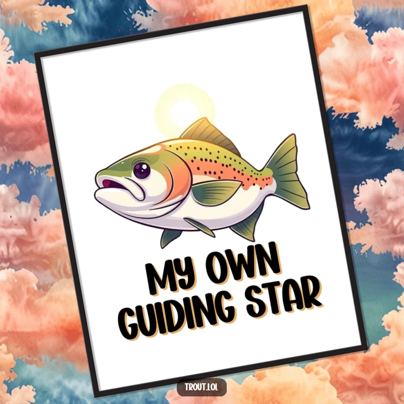 Funny Digital Art Print of a determined trout swimming towards a light, offering a downloadable symbol of hope and perseverance.