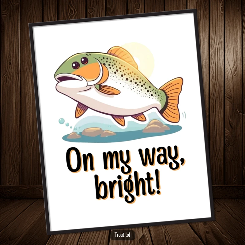 Funny driven trout digital art print of a trout swimming with great enthusiasm towards a distant bright light, ready for immediate download and printing.
