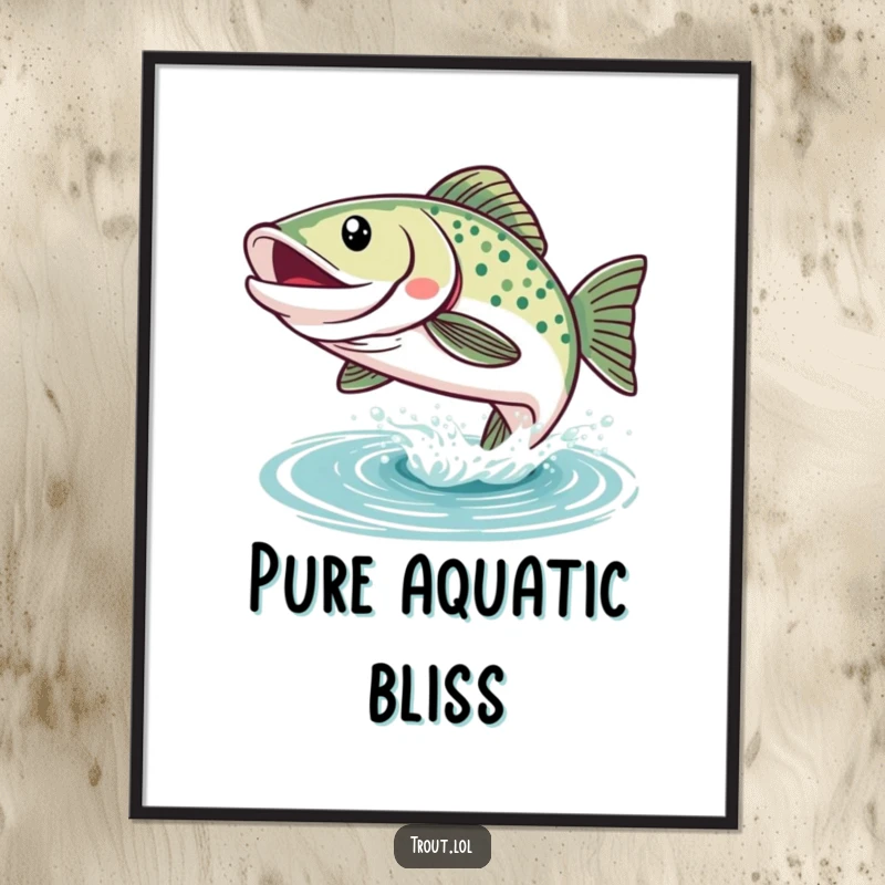 Funny Kawaii Trout Digital Art Print: A happy trout leaps from the water with a wide smile, radiating pure aquatic joy.