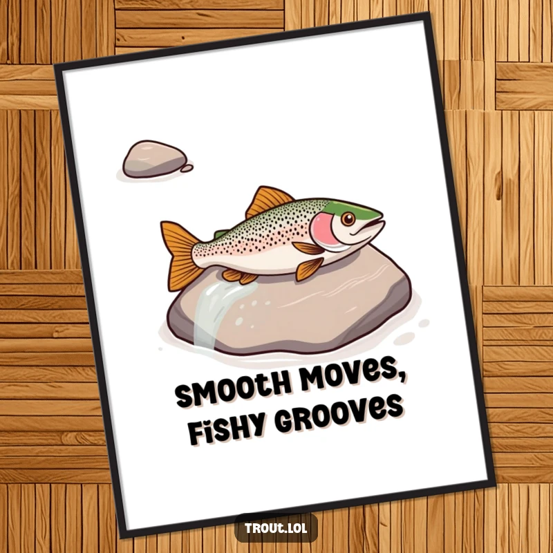Funny digital art print of a trout sliding down a river rock, perfect for adding a whimsical and humorous touch.