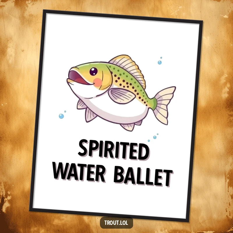 Funny digital art print of a trout performing a happy twirl underwater, a vibrant and humorous piece of aquatic decor for instant smiles.