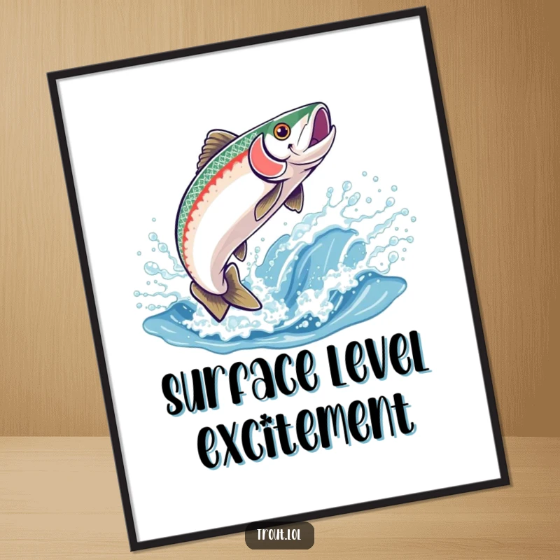Funny digital art print of a happy trout leaping high out of a sparkling wave, perfect for instant, humorous wall decor.