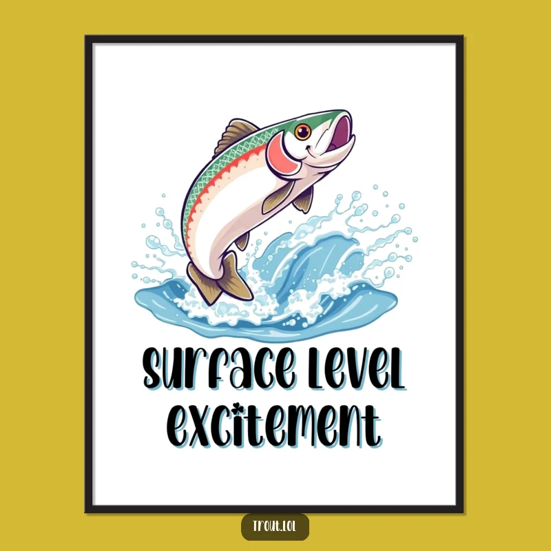 Funny Trout Leap Digital Art: Joyful Fish Jumping into Sparkling Wave - Instant Decor