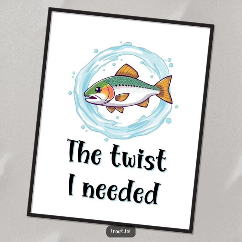 Funny digital art print of a trout comically spinning in a water swirl, a hilarious and dynamic piece for instant wall decoration.