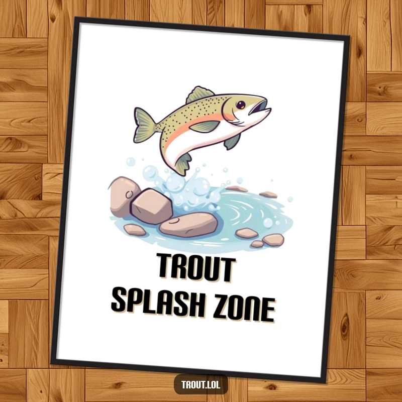 Funny Digital Art Print: A playful trout leaping from a bubbly stream, offering humorous energy and outdoor charm for wall decor, a funny gift.