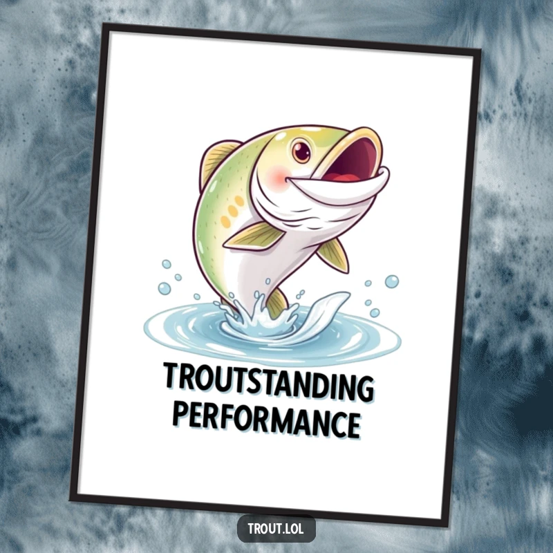 Funny digital art print of a grinning trout character joyfully leaping out of the water, perfect for aquatic enthusiasts.