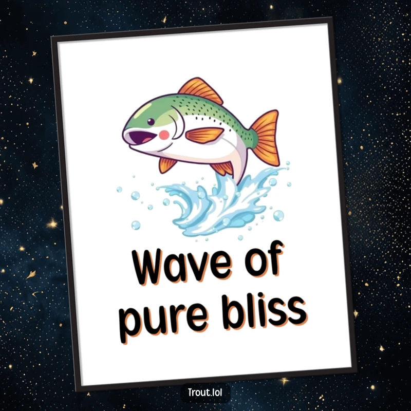 Funny digital art print of a kawaii trout joyfully leaping from a sparkling wave, ready to download.
