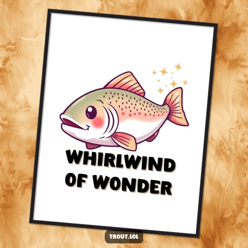 Funny digital art print of a trout in a happy swirl, leaving a vibrant trail of sparkles, embodying enchantment and joyful movement.