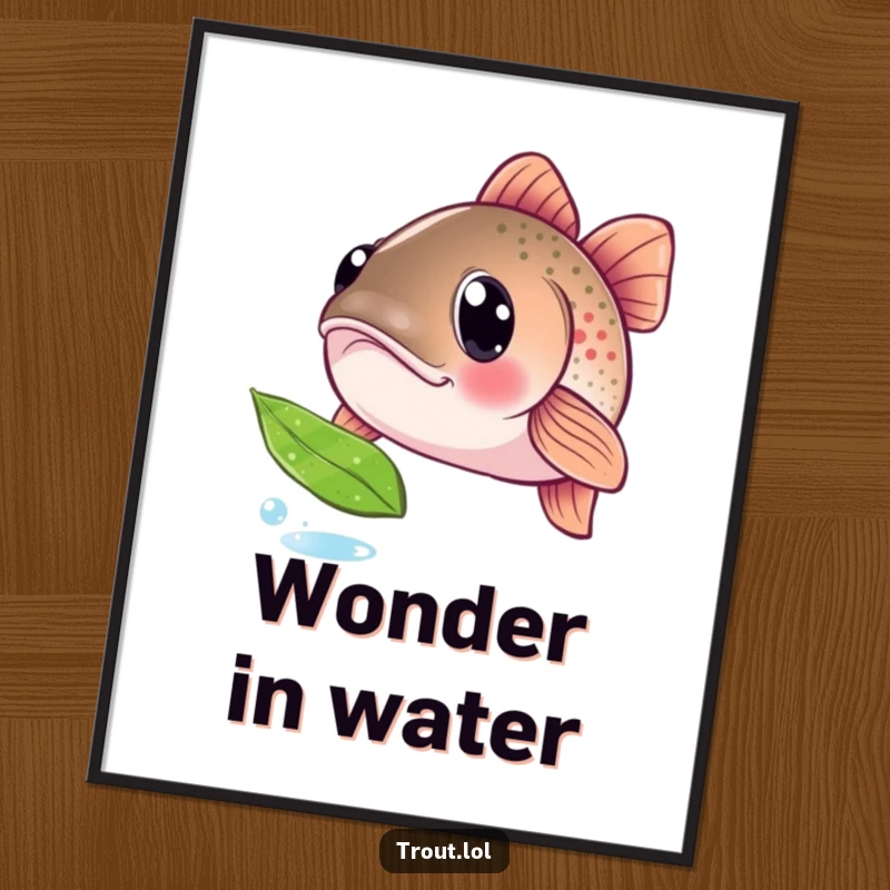 Funny digital art print of a trout with large, curious eyes, observing a floating leaf, a humorous and whimsical piece for instant home decoration.