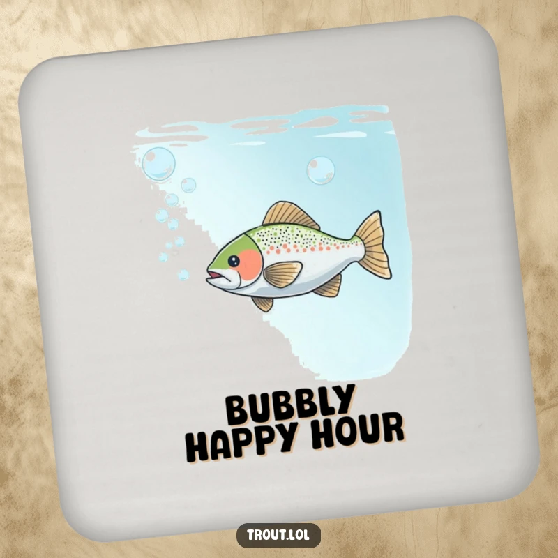 Funny drink coaster set featuring a trout playfully blowing bubbles underwater, adding a humorous and protective touch.