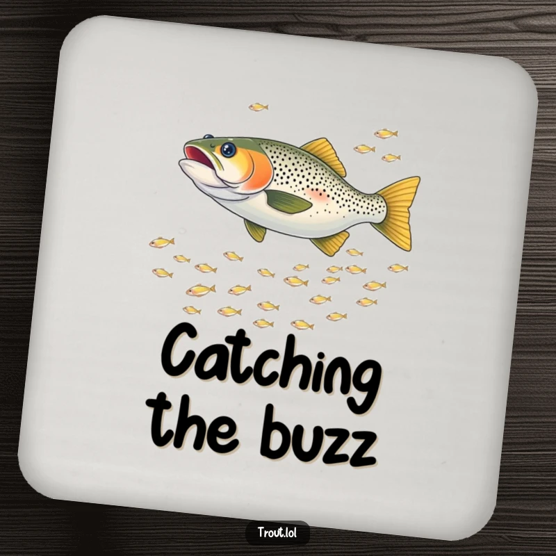 Funny drink coaster set featuring a trout playfully chasing tiny fish, adding a humorous and protective touch.