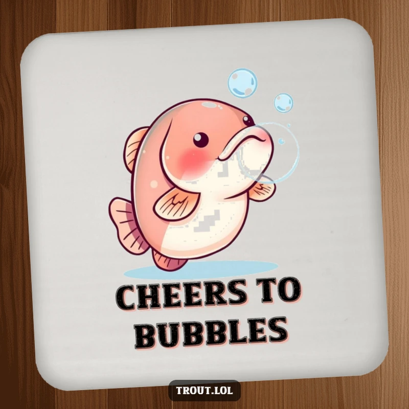 Funny coaster with a playful trout blowing a water bubble, adding bubbly charm to any surface.