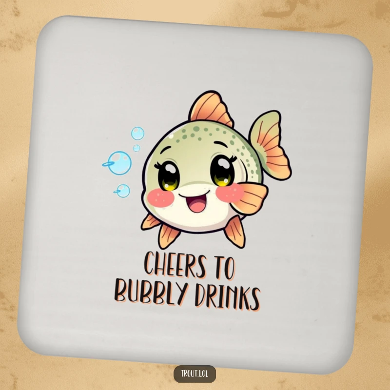 Funny Kawaii Trout Coasters: Trout with excited eyes playfully blow bubbles, offering surface protection with aquatic charm and humor.