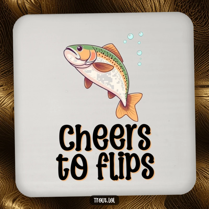 Funny drink coaster illustrating a trout’s graceful underwater flip with a delightful bubbly trail.
