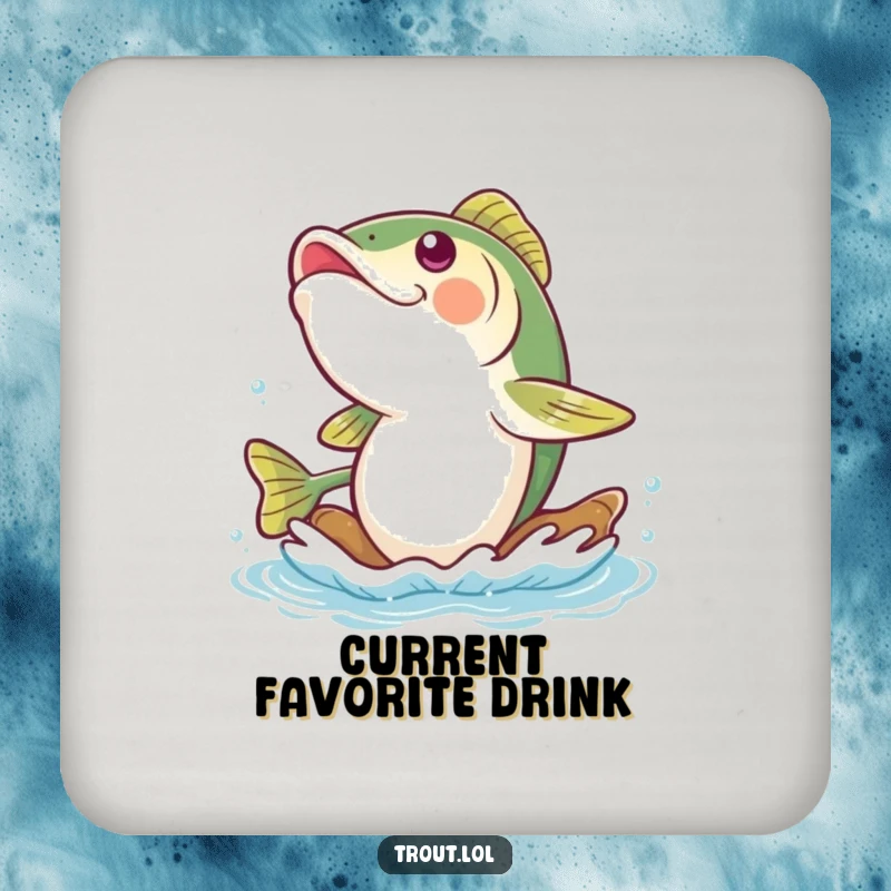 Funny trout coaster with a gleeful trout giggling while floating down a gentle river current, protecting surfaces from drink rings.