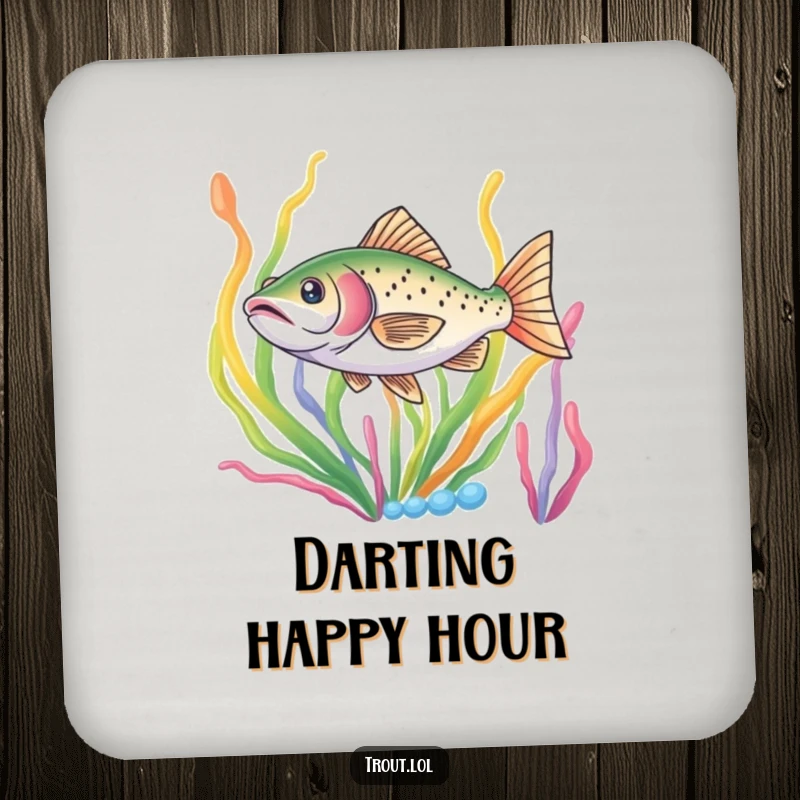 Funny drink coaster featuring a trout darting through colorful seaweed, adding aquatic charm and surface protection.