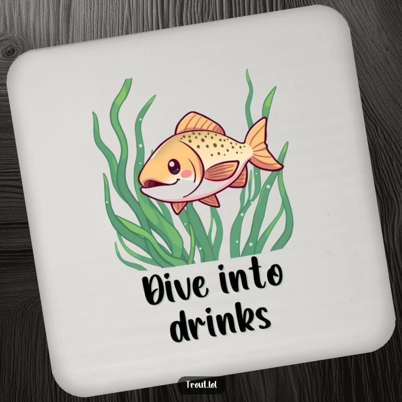 Funny coasters with a grinning kawaii trout swimming through seaweed, perfect for protecting surfaces during gatherings.